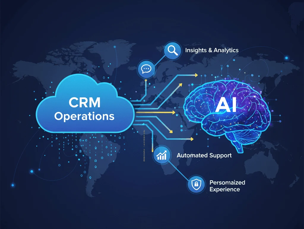 AI in CRM operations showing cloud-based CRM connected with artificial intelligence for insights, analytics, automated support, and personalized customer experiences.