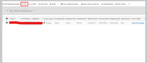 Selecting an active mailbox in Dynamics 365 and clicking 'Edit' to verify email tracking setup.