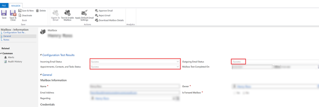 Mailbox configuration test results in Dynamics 365 showing 'Success' status for incoming and outgoing emails.