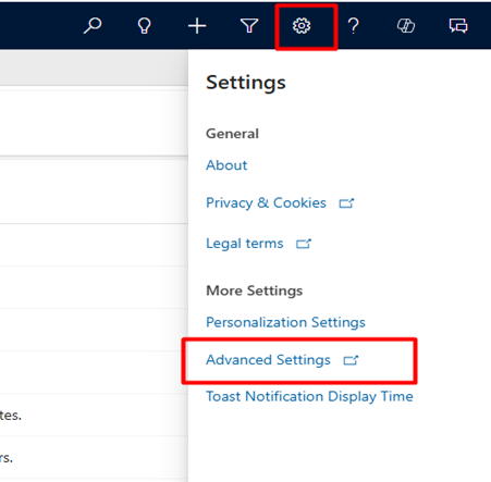 Navigating to 'Advanced Settings' in Dynamics 365 via the gear icon in the top navigation bar.