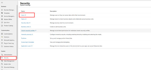 Accessing the 'Users' section under 'Security' settings in Dynamics 365 to manage roles and permissions.