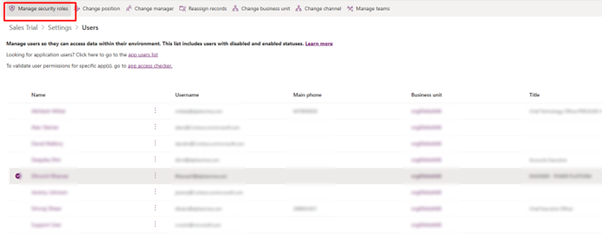 Viewing the list of users in Dynamics 365 and selecting a user to manage their security roles.