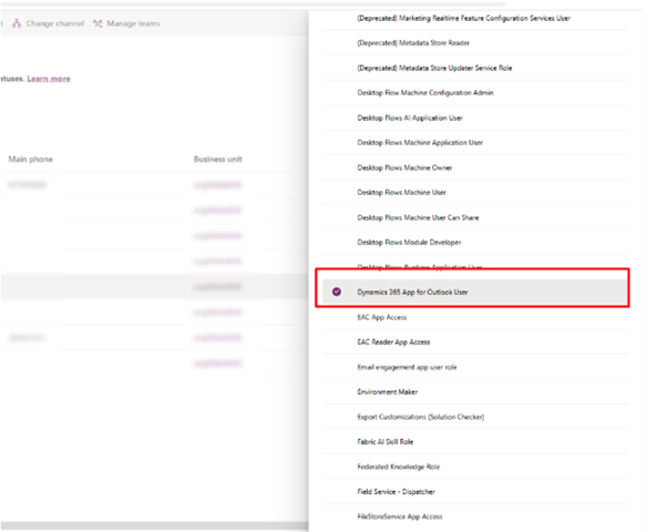 Assigning the 'Dynamics 365 App for Outlook User' role from the list of available security roles.