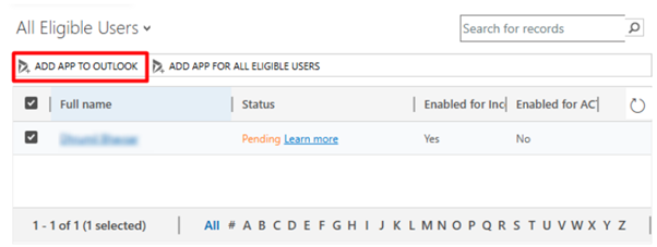 Manually adding Dynamics 365 App to Outlook for selected eligible users from the Dynamics 365 interface.