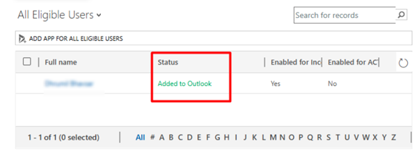 Status showing 'Added to Outlook' confirming successful deployment of the Dynamics 365 App for the user.