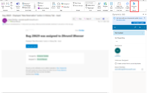 Dynamics 365 App for Outlook displayed in the email toolbar, allowing users to track and set regarding emails.