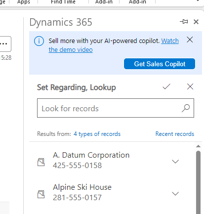 Using 'Set Regarding' in the Dynamics 365 Outlook pane to link an email to a CRM record like contact or account.