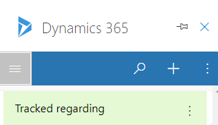 Confirmation message in Dynamics 365 App for Outlook indicating the email is successfully tracked regarding a CRM record.