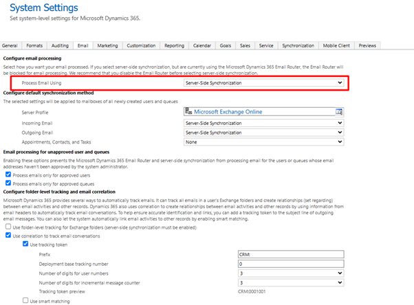Enabling 'Server-Side Synchronization' and 'Appointments, Contacts, and Tasks' for a user mailbox in Dynamics 365 CRM.