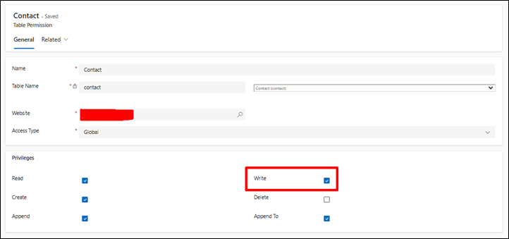 Dynamics 365 table permission configuration showing write access