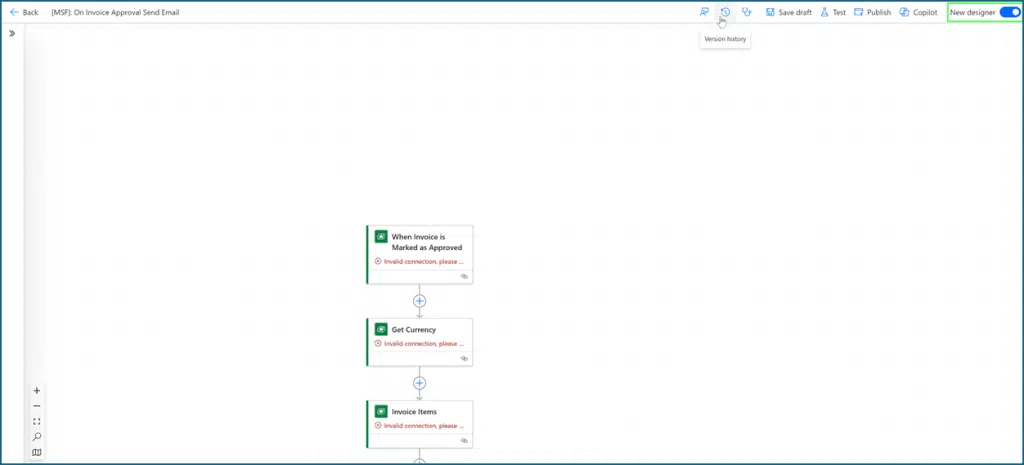 Version history icon in Power Automate new designer view
