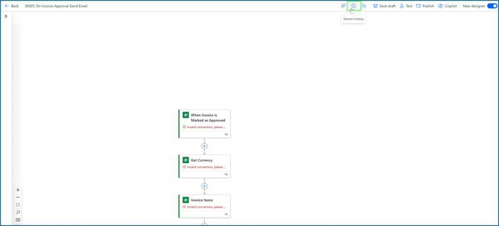 Highlighting the version history icon in the Power Automate flow interface to restore previous versions.