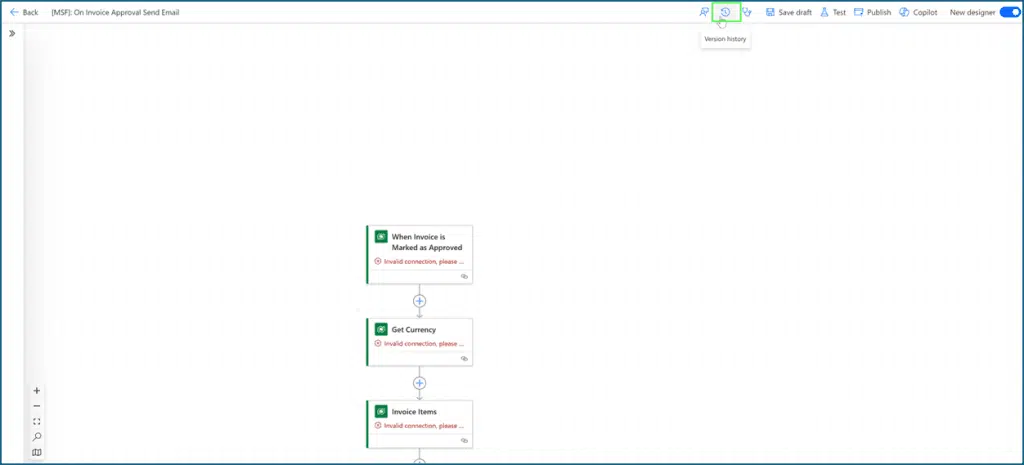 Highlighted version history icon in Power Automate toolbar