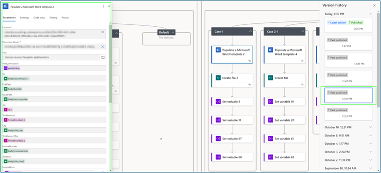 Detailed parameter settings of a specific step in Power Automate flow version history, showing input fields.