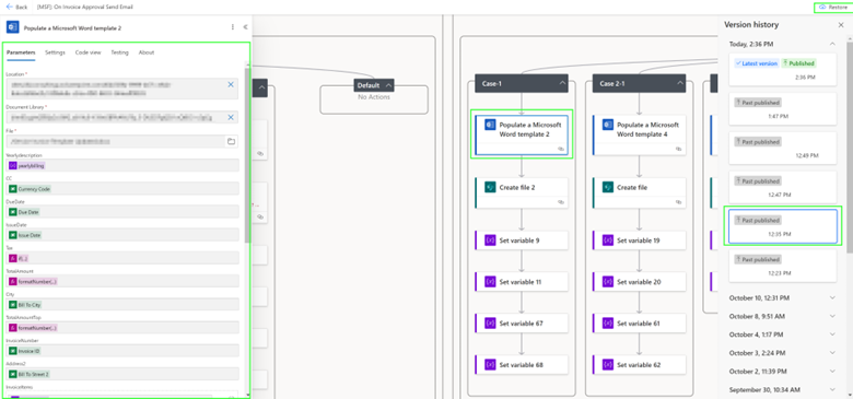 Updated parameter values across different versions of a Power Automate step to track configuration changes.