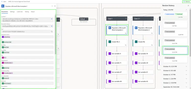 Parameters view in Power Automate before restoring a version