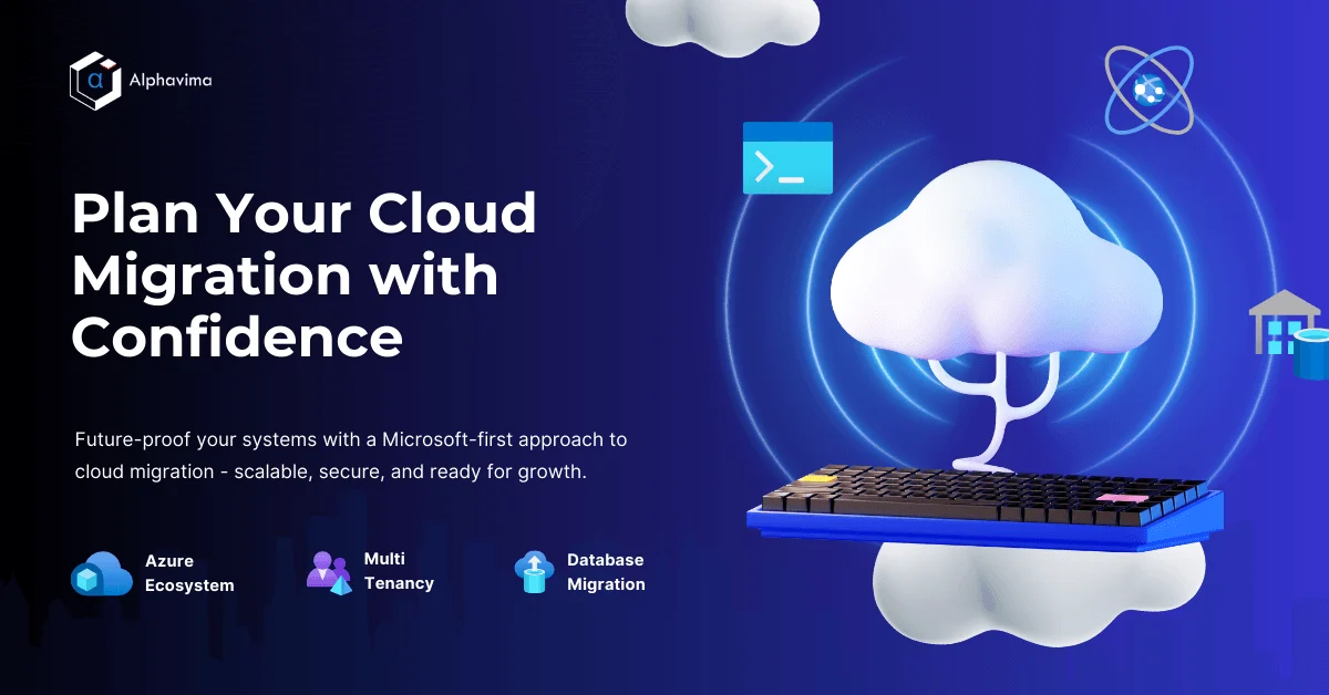 Business roadmap for cloud migration showing servers, cloud architecture, secure data transfer, and Microsoft Azure elements, symbolizing strategic system transition planning.