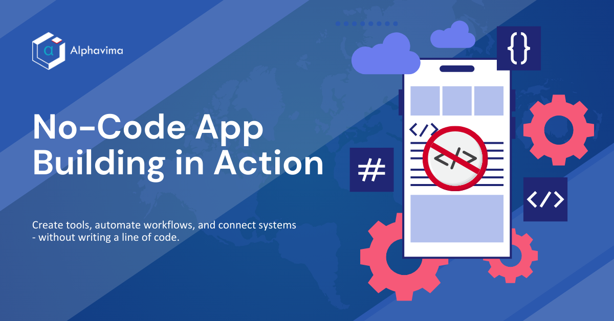 No-code software development concept with mobile app interface and workflow icons