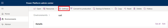 Accessing Settings tab for CRM environment in Power Platform