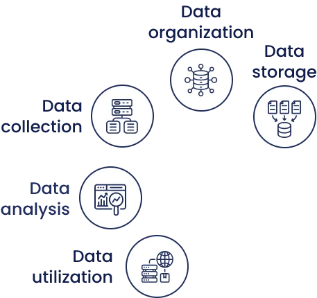 Data engineering workflow showing collection, storage, analysis, and utilization powered by Alphavima's solutions.