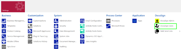 Navigate to DocuSign Users from Dynamics 365 CRM settings