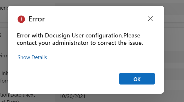 DocuSign configuration error message in Dynamics 365