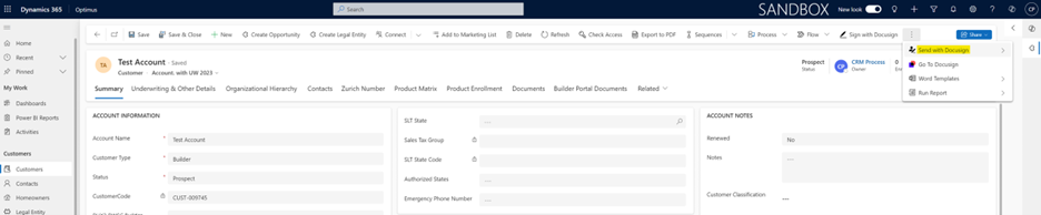 Send to DocuSign feature in Dynamics 365 account record