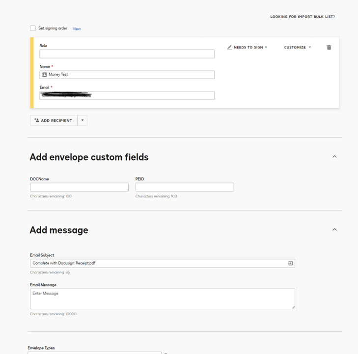 DocuSign recipient fields and custom message options