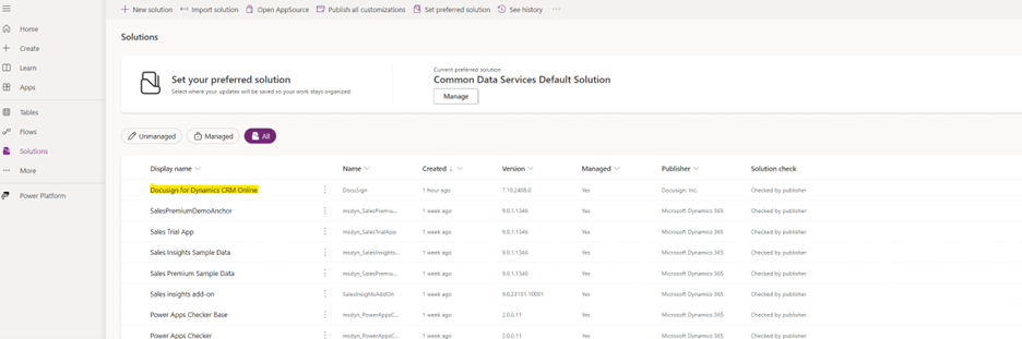 DocuSign for Dynamics CRM Online listed under managed solutions