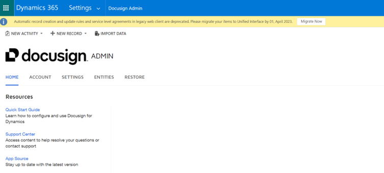 View and modify DocuSign account settings in CRM
