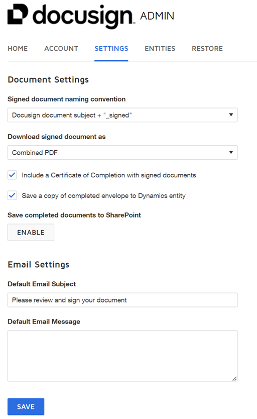 DocuSign document settings with SharePoint and Dynamics 365 integration