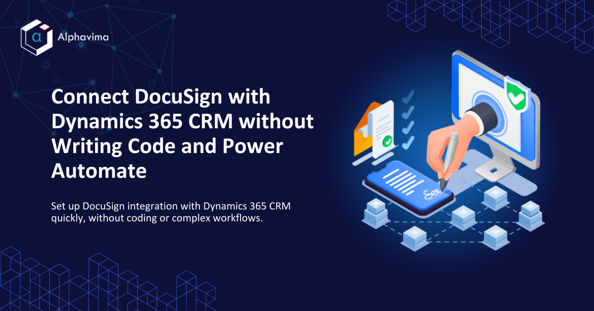 DocuSign integration with Dynamics 365 CRM illustration showing digital signature process between computer and mobile devices, promoting no-code setup.