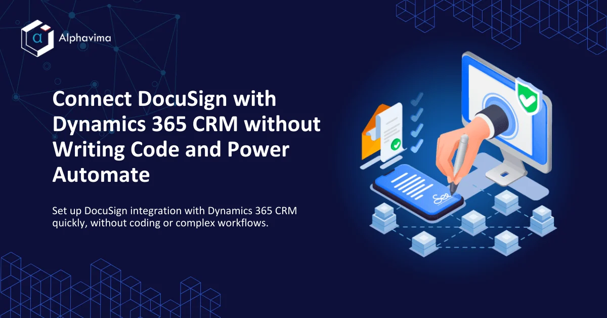 DocuSign integration with Dynamics 365 CRM illustration showing digital signature process between computer and mobile devices, promoting no-code setup.