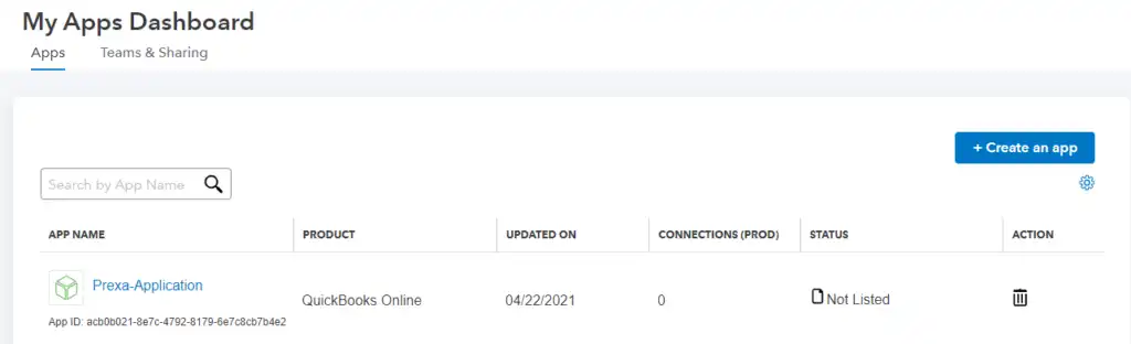 QuickBooks developer dashboard with app entry