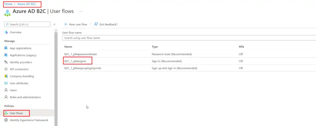 User flows list in Azure AD B2C configured for custom login experience.