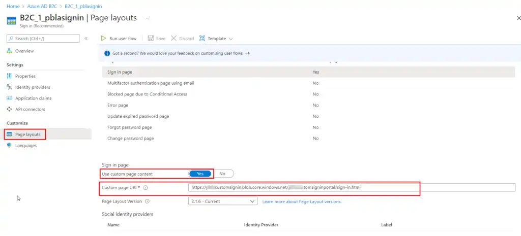 Custom login page URL defined in Azure AD B2C for Power Apps Portal.