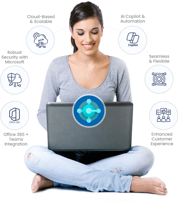 Woman using laptop showing Dynamics 365 Business Central features like automation, scalability, and Microsoft integration – Alphavima Canada.