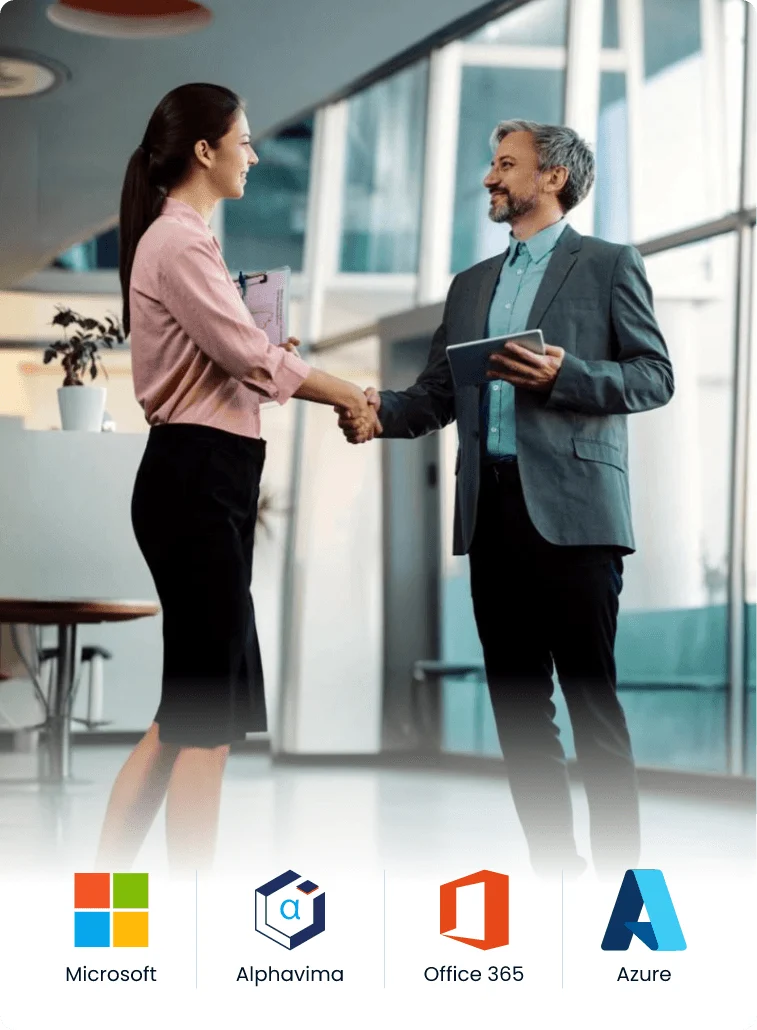 Professionals shaking hands to symbolize ERP partnership success with Alphavima and Microsoft Dynamics 365 Business Central in Canada.