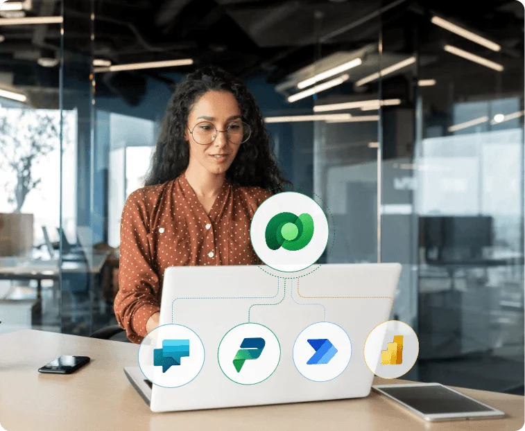 Professional working on Microsoft Power Platform integration with Dynamics 365 using Power Apps, Power BI, Power Automate, and Power Virtual Agents – Alphavima Canada.