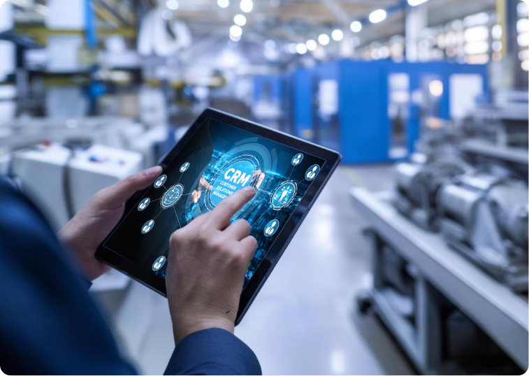 Business user accessing Dynamics 365 CRM dashboard on a tablet inside a manufacturing facility