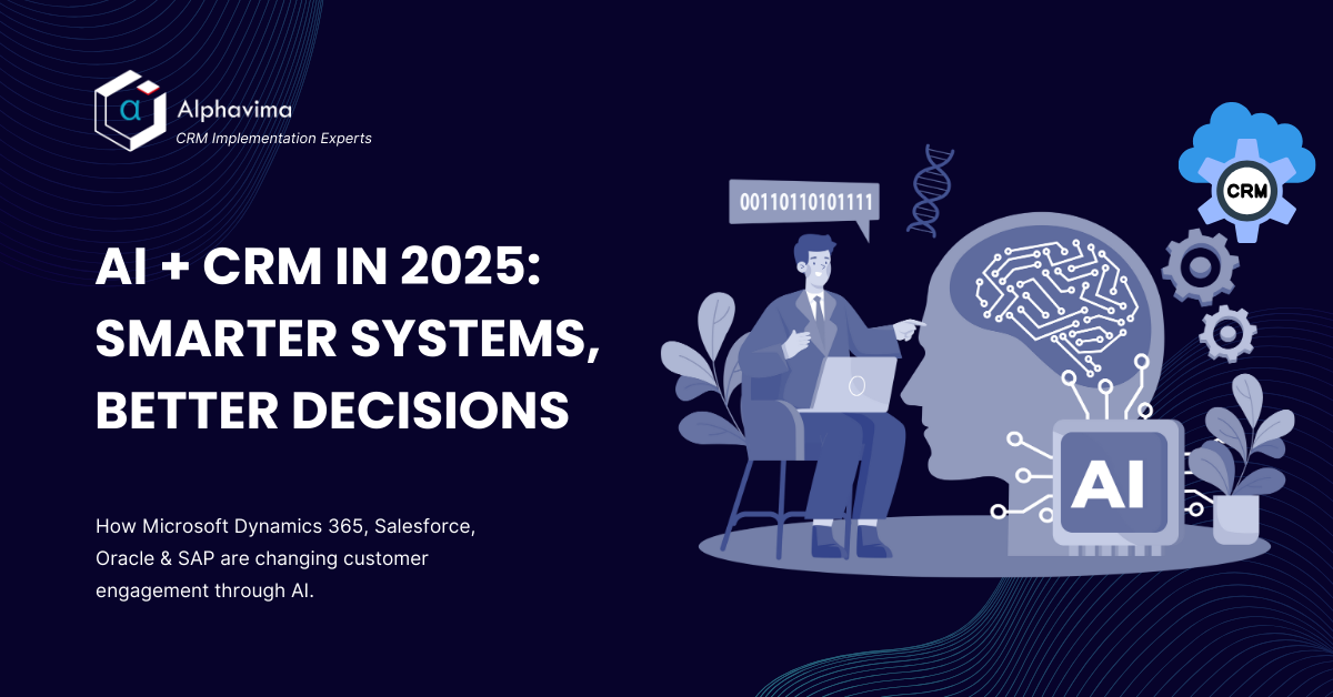 Illustration showing AI and CRM integration in 2025, highlighting Alphavima Technologies and Microsoft Dynamics 365.