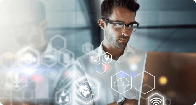 Professional using Microsoft technology stack for industry accelerator solutions with digital interface graphics
