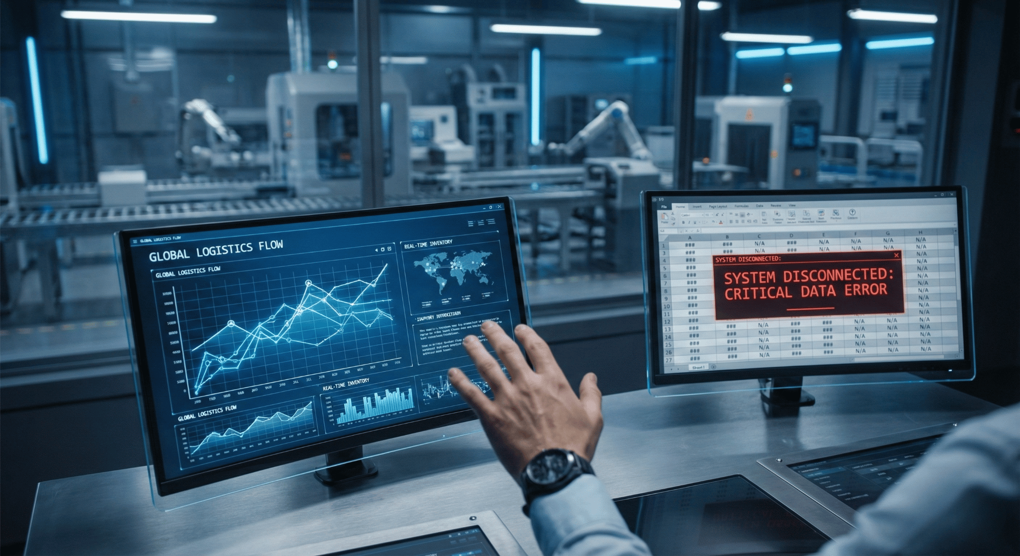 Critical data error and system disconnected warning on a monitor inside a Mississauga, ON manufacturing control room