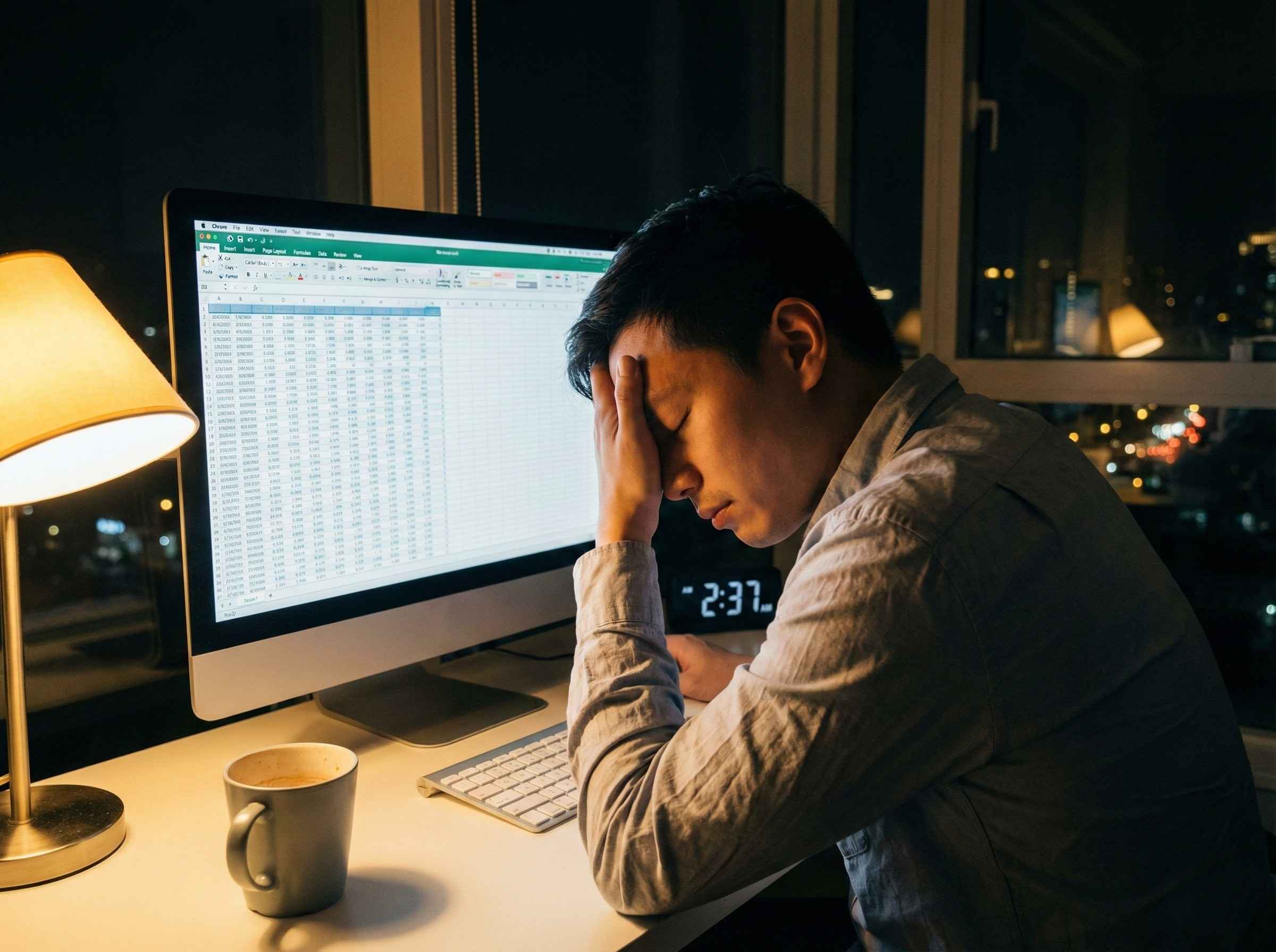 Tired nonprofit staff member working late on manual Excel spreadsheets and reporting.