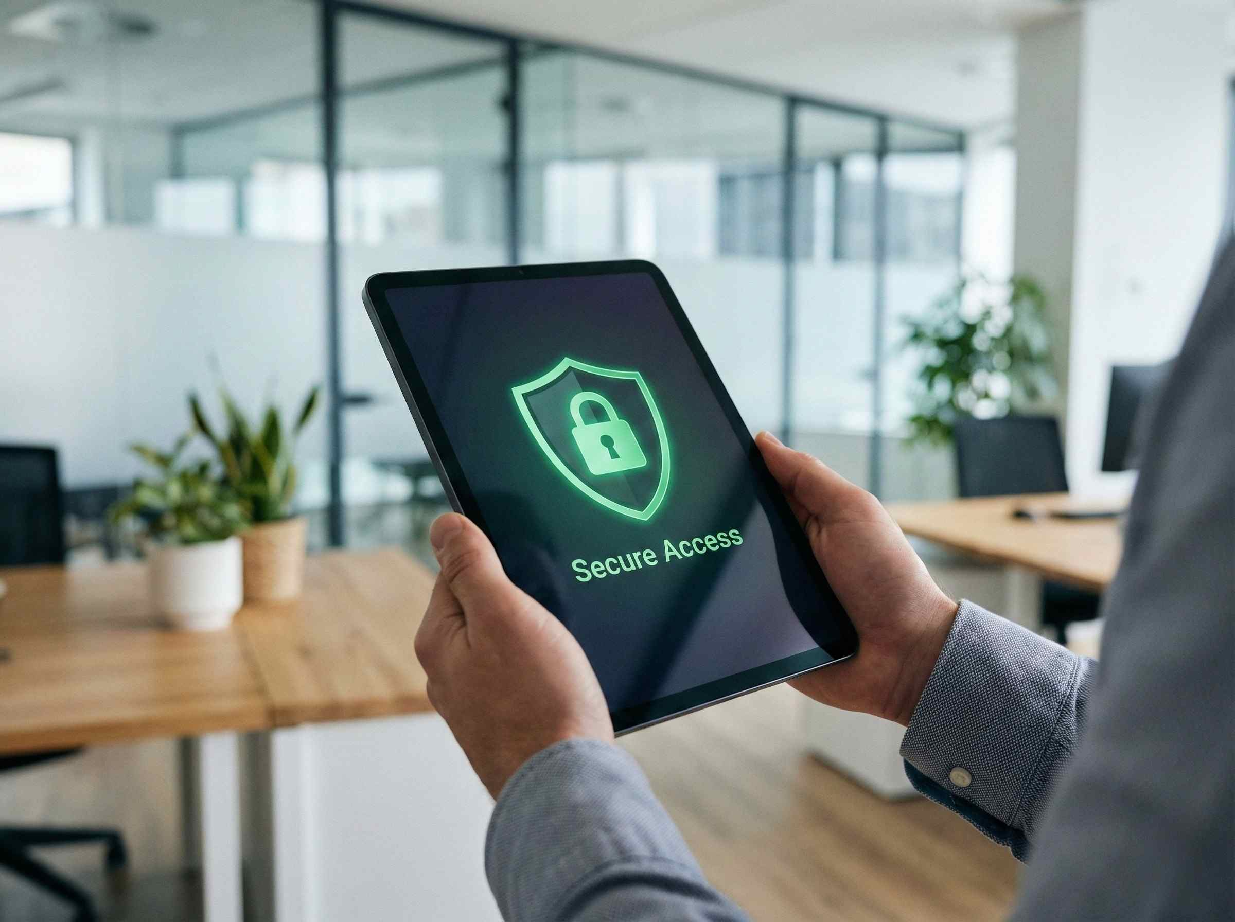 Secure tablet interface showing a green shield icon representing data privacy and donor trust.