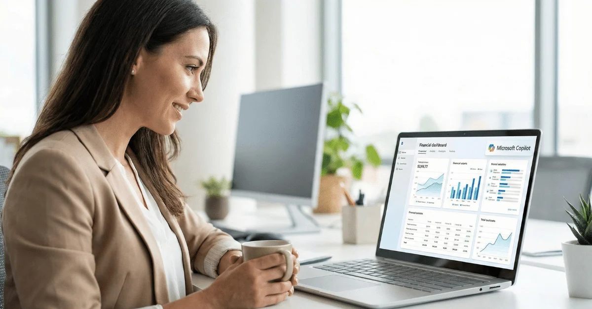 Finance professional using Microsoft Copilot for Finance features to analyze reports on a laptop.