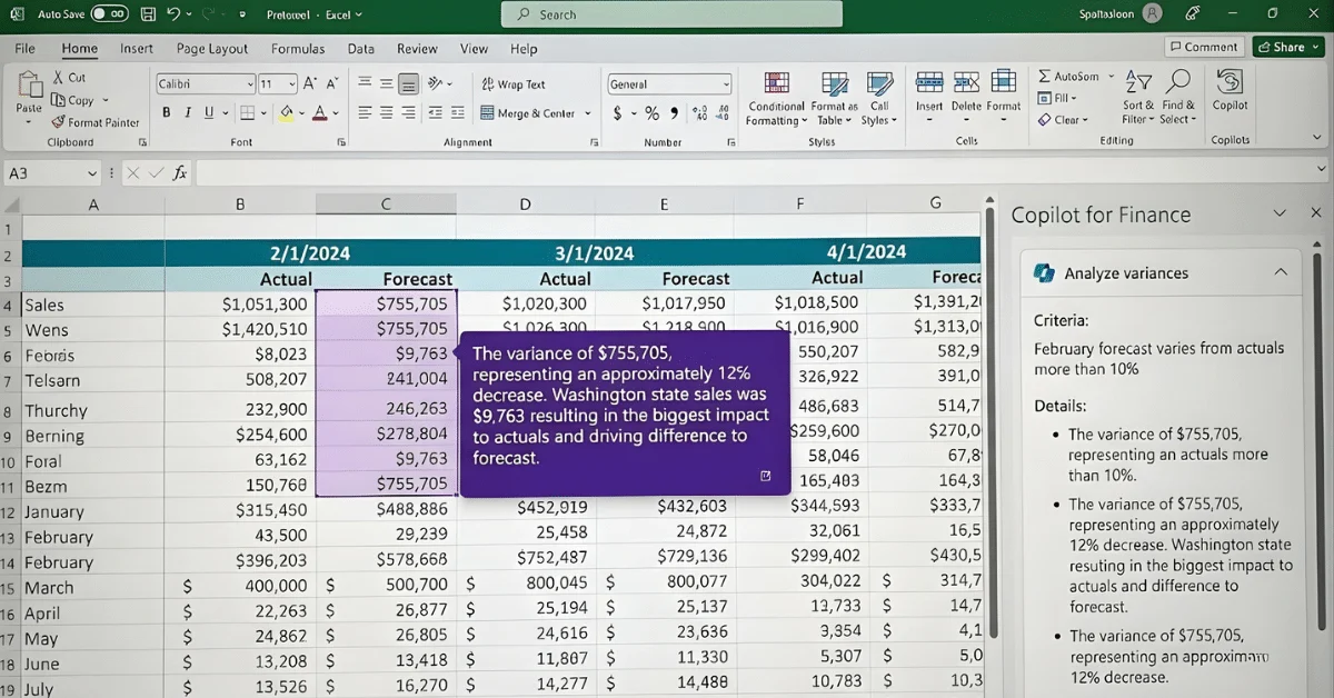 Microsoft Copilot for Finance features interface in Excel showing automated variance analysis and data reconciliation.