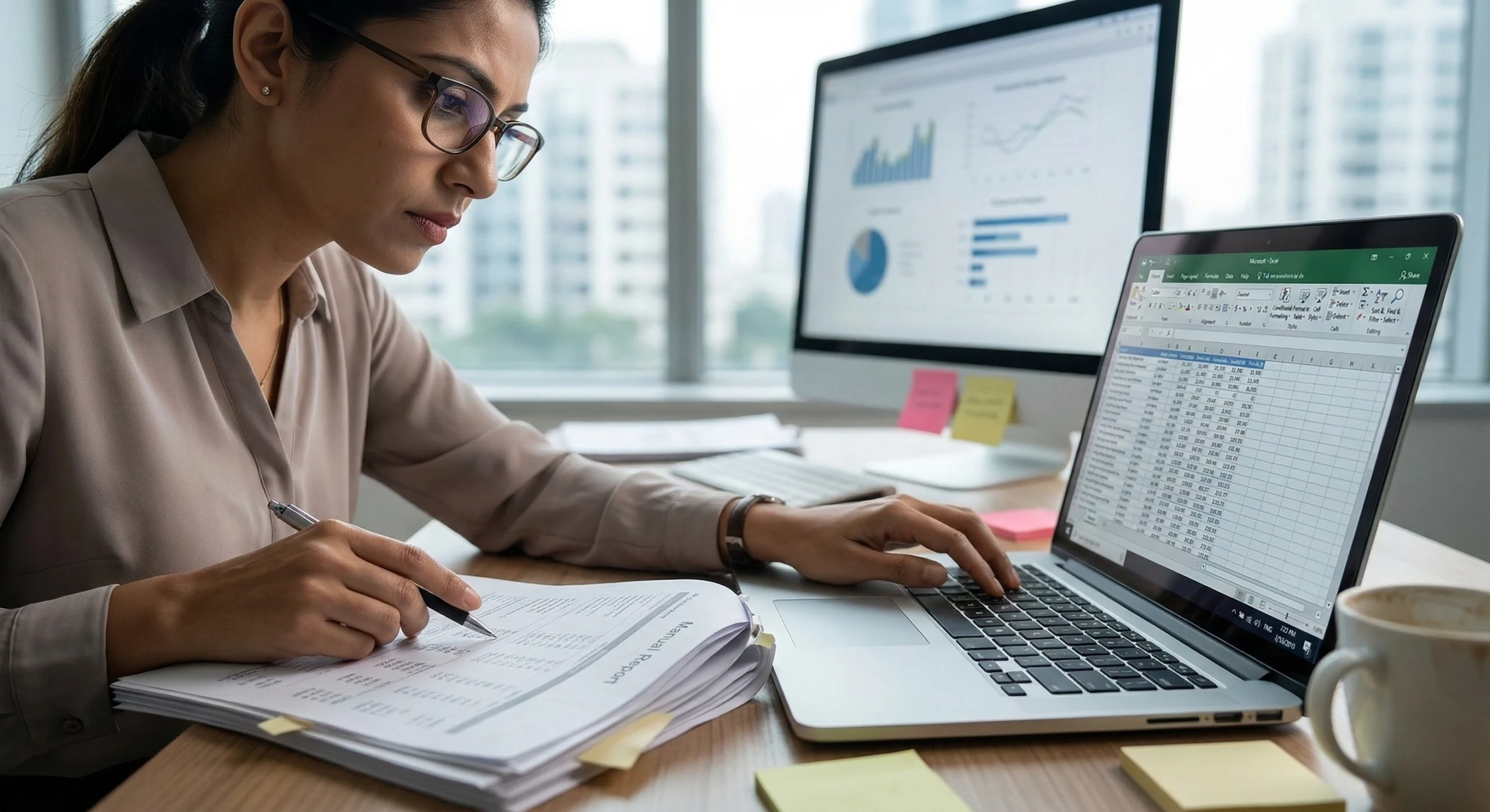 Professional manually entering data from paper forms into a computer, representing repetitive admin work