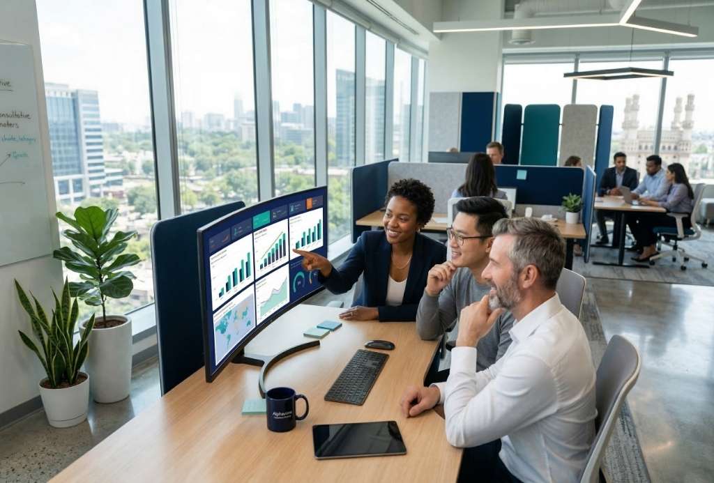 Team reviewing Power BI analytics dashboard showing improved business metrics