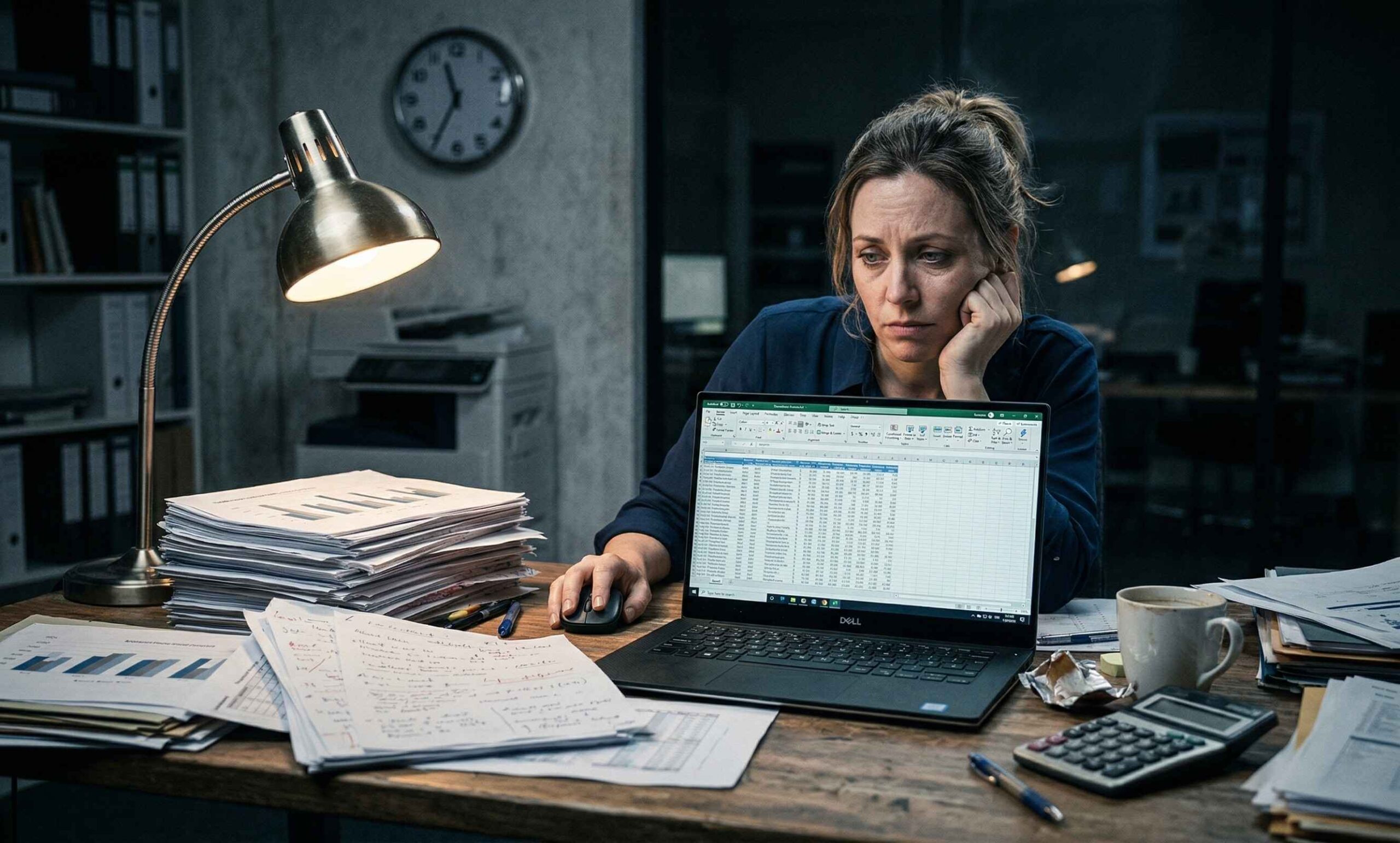 Data analyst working late at a cluttered desk with multiple Excel spreadsheets open, manually compiling reports under artificial light